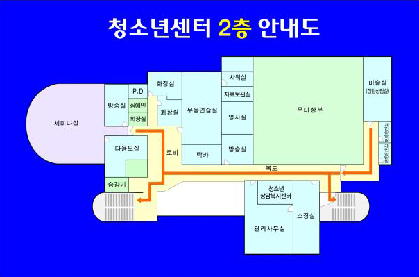 2층 시설안내도 이미지 입니다.8시방향에 승강기가 있고 7시,5시 방향에 비상구가 있습니다.9시 방향에 세미나실,방송실,다용도실,P.D,장애인화장실,화장실이 있고 12시 방향에 무용연습실,락카,샤워실,자료보관실,영사실,방송실이 있으며 1시방향에 무대상부,미술실(집단상담실),개인상담실이 있고 6시 방향에 청소년 상담복지센터와 관리사무실,소장실이 있습니다.