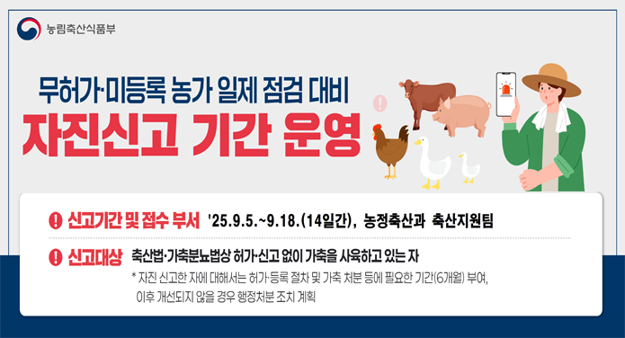 무허가 미등록 농가 일제 점검 대비자진신고 기간 운영신고기간 및 접수부서: 25. 9. 5. ~ 9. 18.(14일간), 농정축산과 축산지원팀신고대상: 축산법, 가축분뇨법상 허가 신고 없이 가축을 사육하고 있는 자