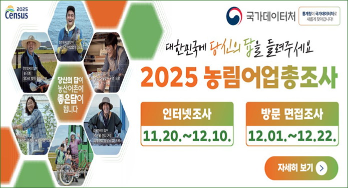 대한민국에 당신의 답을 들려주세요당신의 답이 농산어촌에 좋은 답이 됩니다.2025 농림어업총조사인터넷조사 11. 20. ~ 12. 10.방문 면접조사 12. 01. ~ 12. 22.자세히 보기