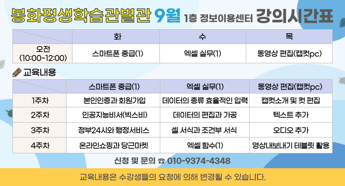 봉화평생학습관 별관 1층 8월 1층 정보이용센터 시간표오전(10:00~12:00) 화 - 스마트폰 중급(1), 수 - 액셀 실무(1), 목 - 동영상편집(캡컷pc)교육내용스마트폰 중급(1)1주차 - 본인인증과 회원가입2주차 - 인공지능비서(빅스비)3주차 - 정부24시와 행정서비스4주차 - 온라인쇼핑과 당근마켓액셀 실무(1)1주차 - 데이터의 종류 효율적인 입력2주차 - 데이터의 편집과 가공3주차 - 셀 서식고 ㅏ조건부 서식4주차 - 엑셀 함수(1)동영상편집(캡컷pc)1주차 - 캡컷소개 및 컷 편집2주차 - 텍스트 추가3주차 - 오디오 추가4주차 - 영상내보내기 테블릿 활용신청 및 문의 ☎010-9374-4348교육내용은 수강생들의 요청에 의해 변경될 수 있습니다.